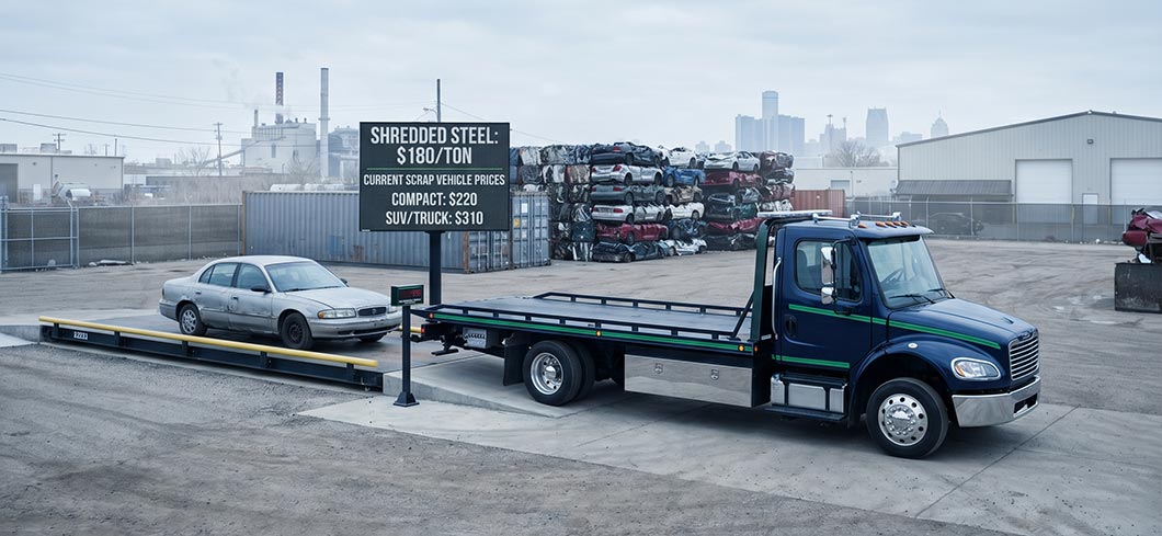 Junk car on a flatbed truck in Detroit ready for scrap — scrap car prices in Detroit